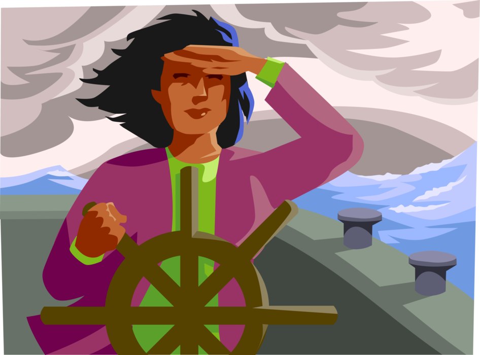 Vector Illustration of Businesswoman Sails Through the Storm with Ship's Helm Wheel on Boat