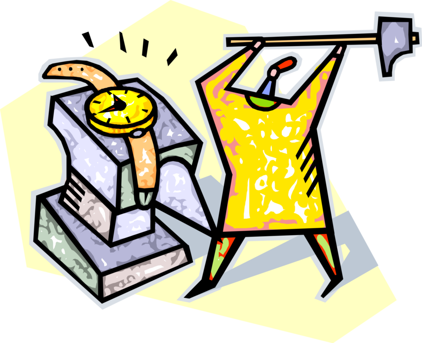 Vector Illustration of Time Management Smashing Wristwatch with Anvil and Hammer