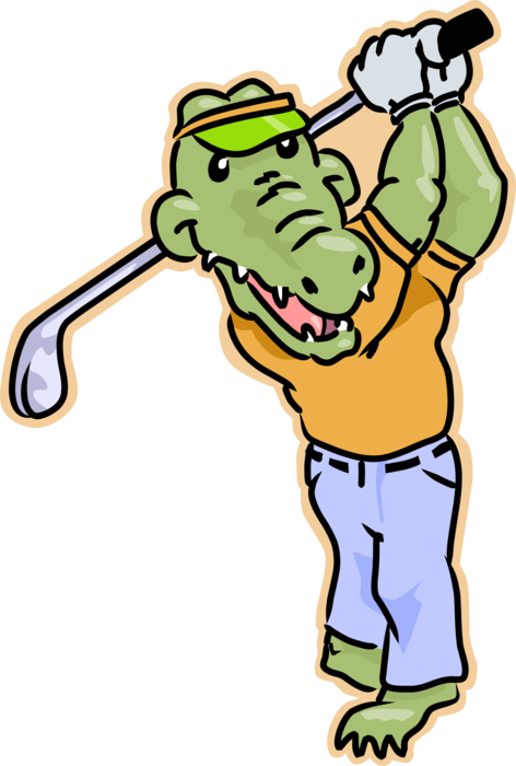 Vector Illustration of Alligator or Crocodile Reptile Golfer Swings Golf Club While Golfing
