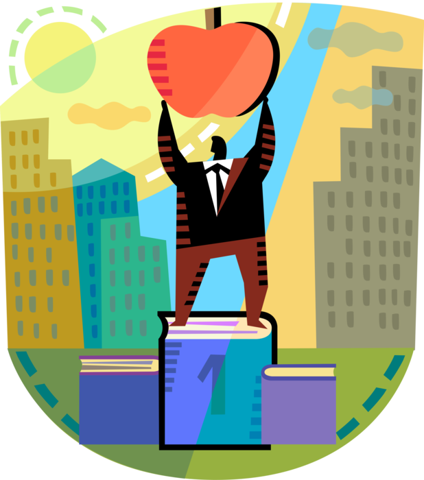 Vector Illustration of Businessman Leverages Higher Education to Achieve Career Goals with Apple Symbol of Knowledge