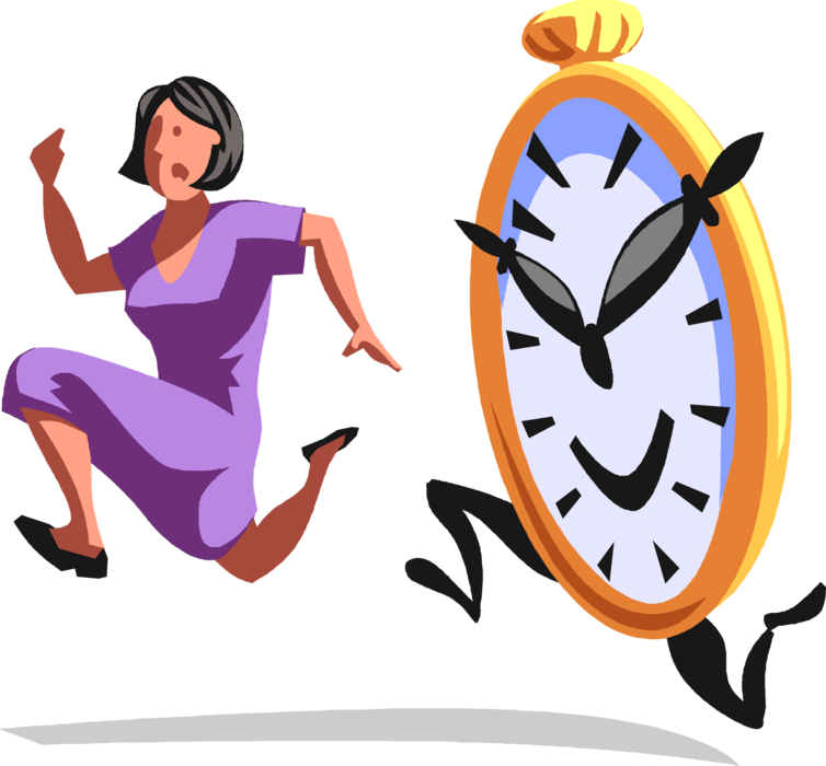 Vector Illustration of Businesswoman Enslaved by Time and Never Ending Cycle of Work Chased by Clock