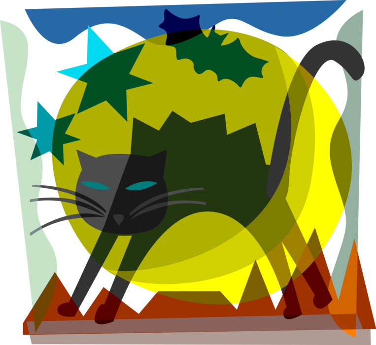 Vector Illustration of Halloween Black Cat Associated with Witchcraft, Ill Omens, and Death with Bats and Full Moon