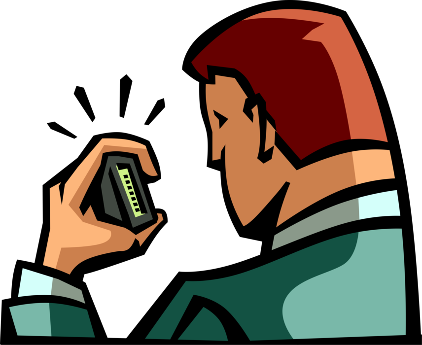 Vector Illustration of Businessman Checks Beeper or Pager Wireless Telecommunications Device Message
