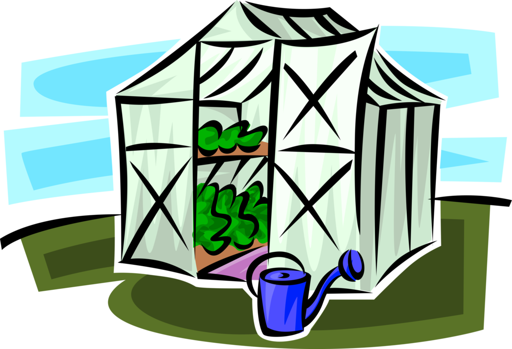 Vector Illustration of Greenhouse Nursery Where Plants are Propagated and Grown with Garden Watering Can