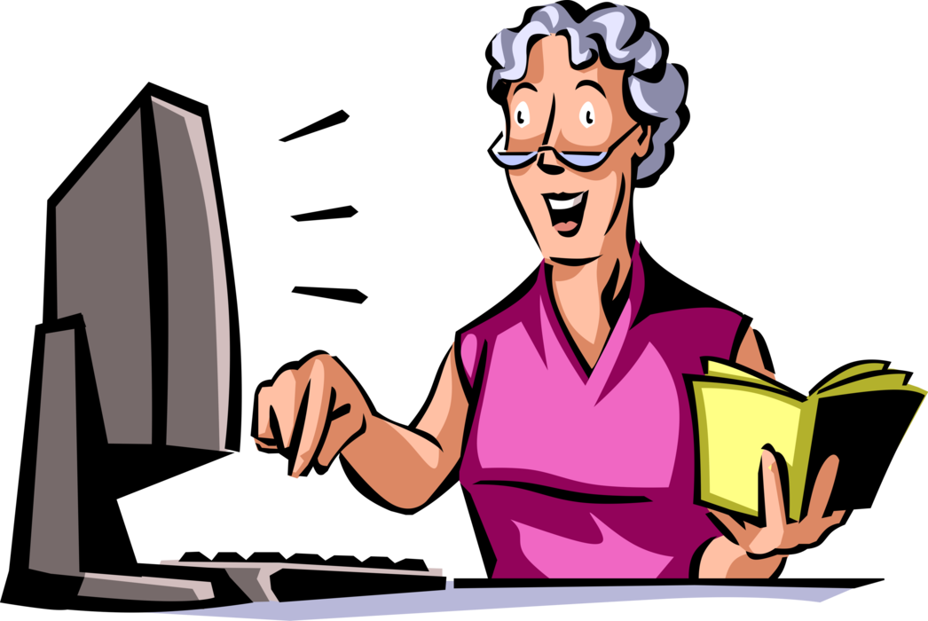 Vector Illustration of Retired Elderly Woman Follows Instructions with Keyboard Input at Computer