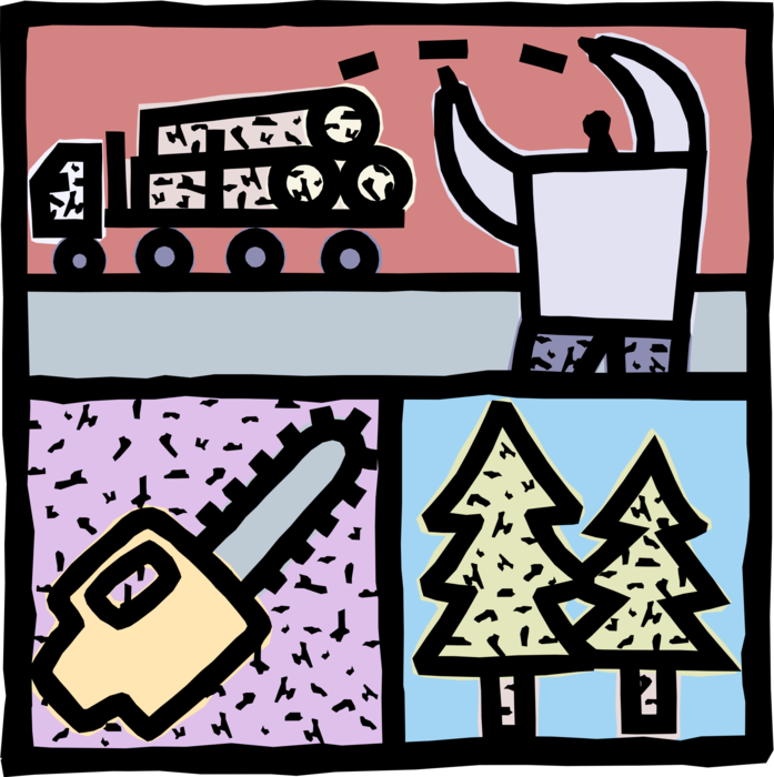 Vector Illustration of Forestry and Logging Industry Lumberjack with Logging Truck, Chainsaw, and Coniferous Evergreen Trees