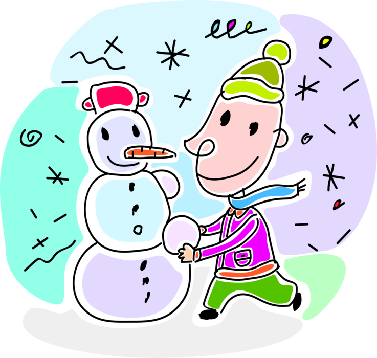 Vector Illustration of Child Builds Snowman Anthropomorphic Snow Sculpture with Carrot Nose