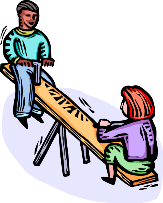 Vector Illustration of Children Play on Playground Teeter-Totter Seesaw Based on Lever and Fulcrum 
