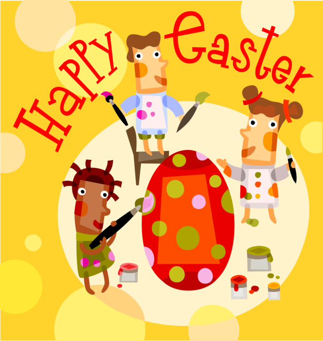 Vector Illustration of Happy Easter Greeting Card with Children Coloring and Decorating Easter Eggs with Paintbrushes