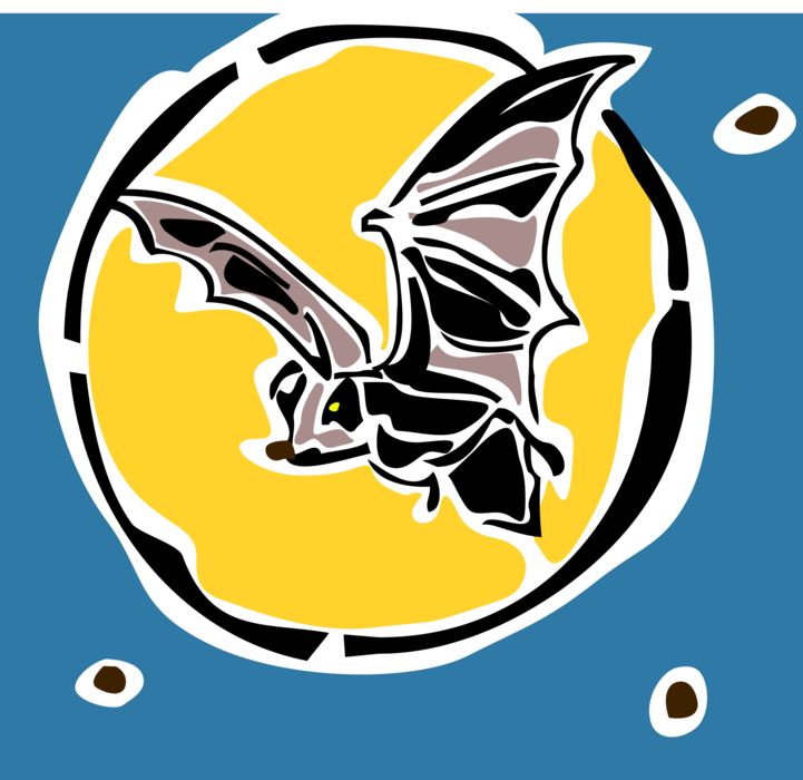 Vector Illustration of Halloween Bloodsucking Vampire Bat Flies with Yellow Full Moon at Night