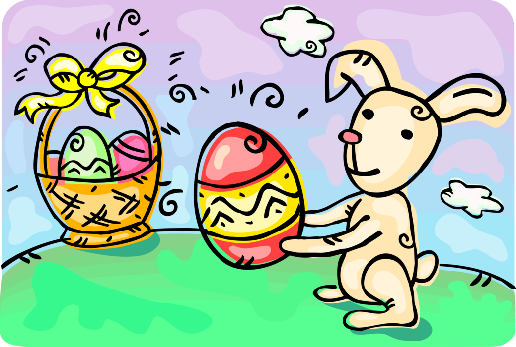 Vector Illustration of Pascha Easter Bunny Rabbit Delivers Easter Eggs in Basket with Yellow Ribbon Bow