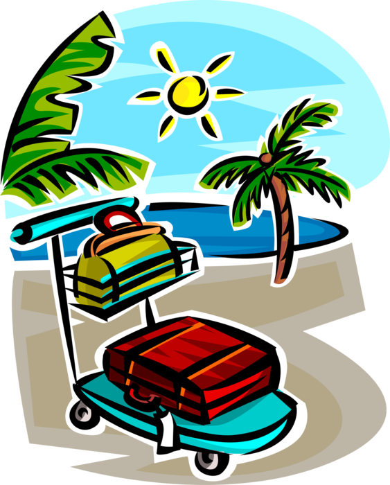 Vector Illustration of Tropical Beach Vacation on Sunny Beach with Travel Luggage Suitcases and Palm Trees