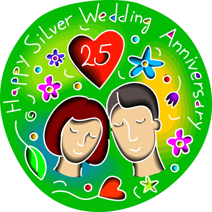 Vector Illustration of Twenty-Fifth Silver Wedding Anniversary Happy Couple Celebrate 25 Years of Marriage Wedded Bliss