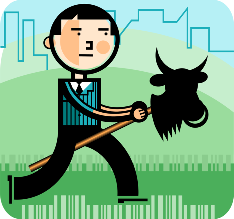 Vector Illustration of Businessman Investor Rides Wall Street Stock Market Bull Encouraging Buyers