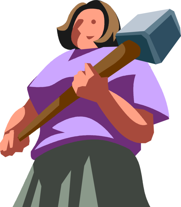Vector Illustration of Businesswoman with Large Sledgehammer Symbolizing Power