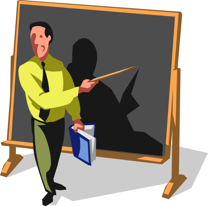 Vector Illustration of Businessman Professor, Teacher, Instructor at Chalkboard Blackboard with Pointer Teaching