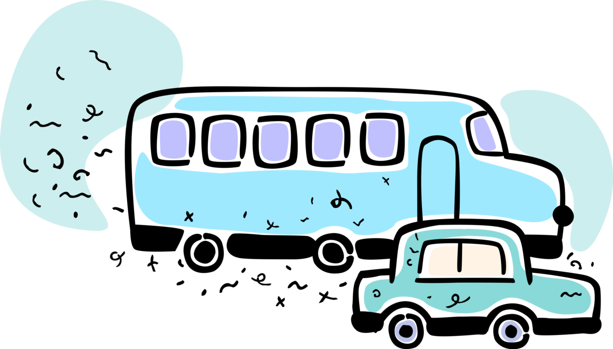 Vector Illustration of Intercity Passenger Tour Bus Motor Vehicle with Sedan Automobile Car