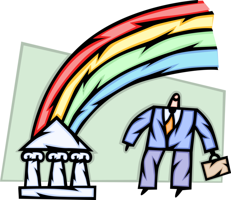 Vector Illustration of Businessman Defies Cynics and Chases Rainbow of Business Profitability to Financial Institution Bank