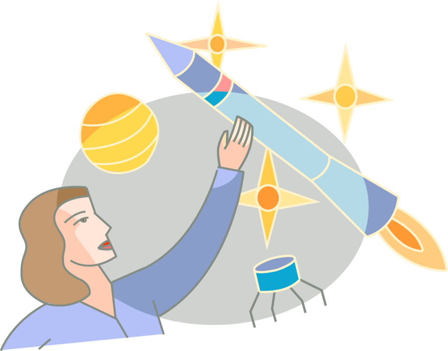 Vector Illustration of Aerospace Engineer Promotes Outer Space Exploration with Rocket Vehicle Spacecraft and Satellite