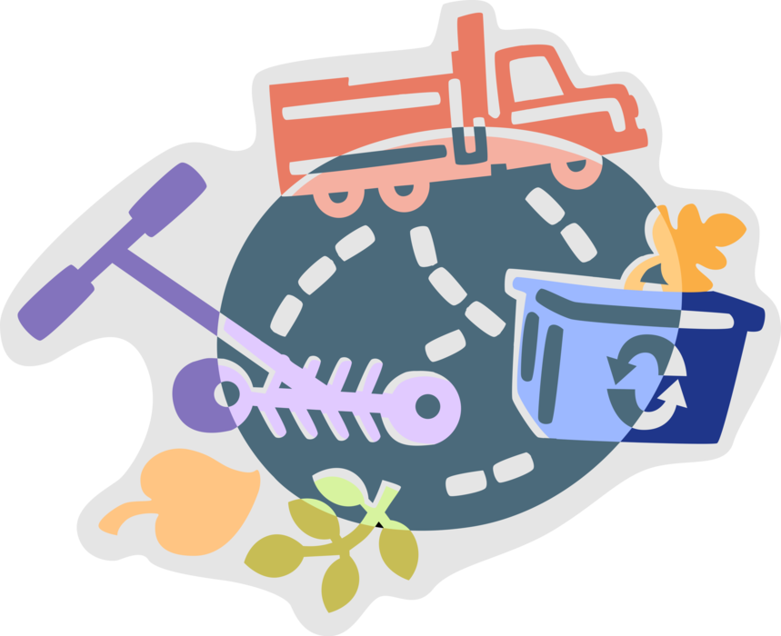 Vector Illustration of Recycling Process Converts Waste into Reusable Objects with International Recycle Logo