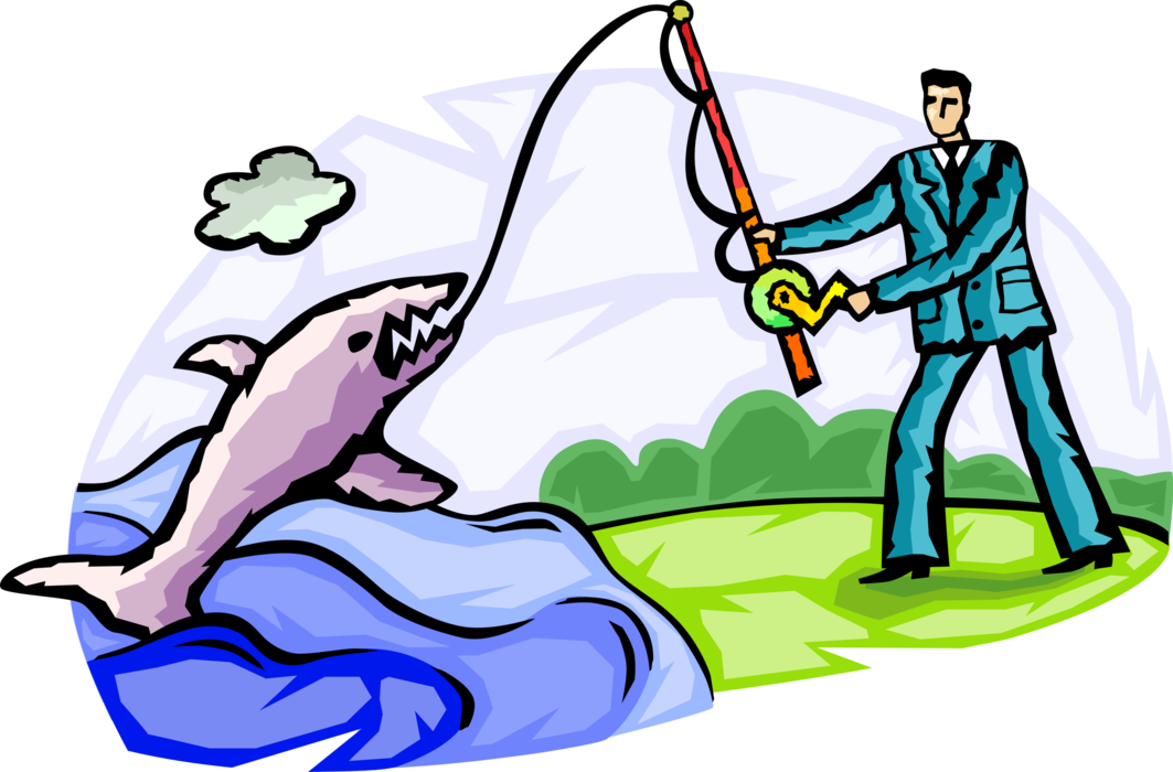 Vector Illustration of Businessman Fisherman Angler Fishing for New Business Opportunity Prospects