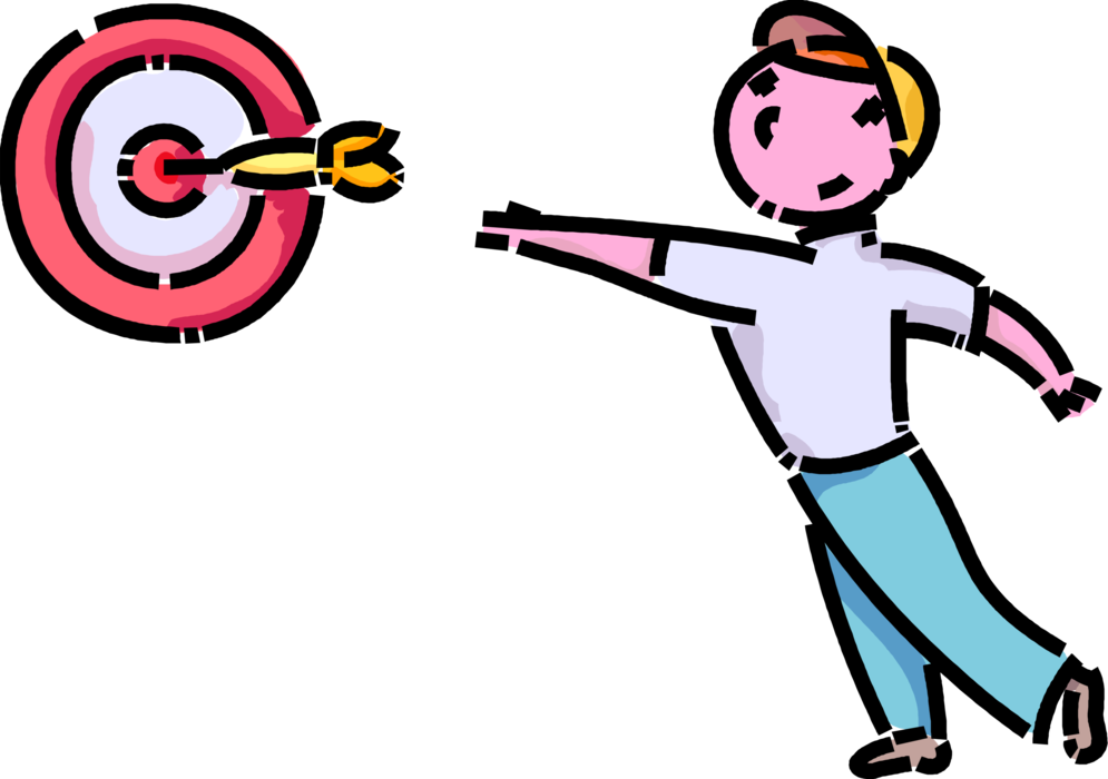 Vector Illustration of Primary or Elementary School Student Boy Plays Darts with Dartboard Target