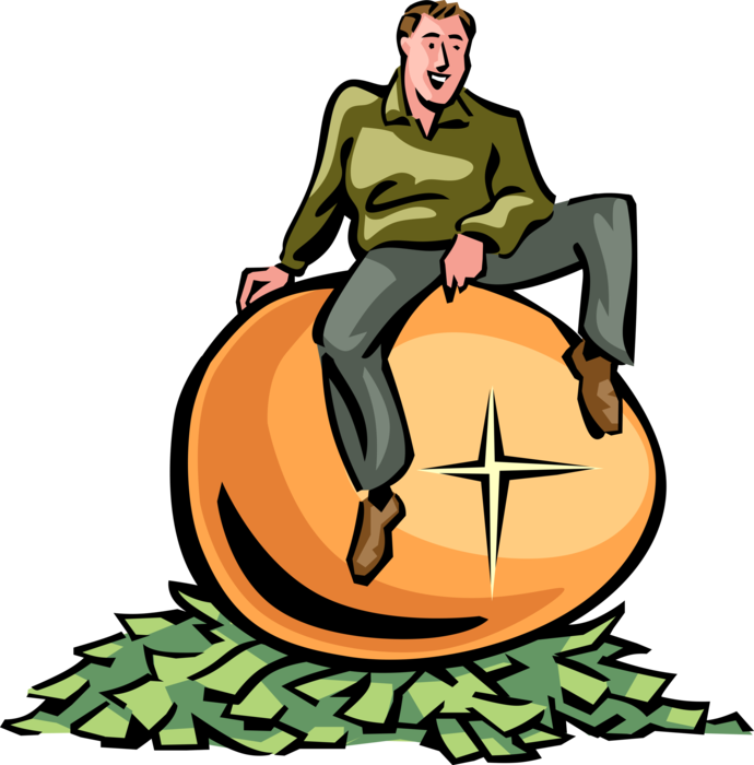 Vector Illustration of Self Satisfied Businessman with Golden Nest Egg and Financial Investments Saved for Future