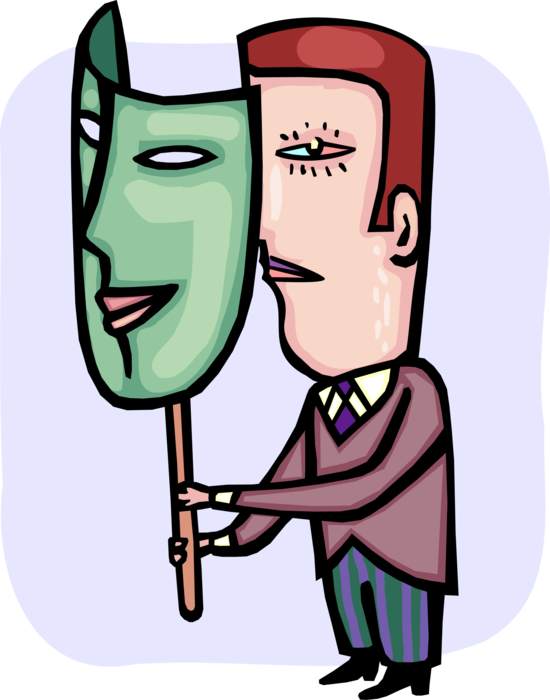 Vector Illustration of Two-Faced Hypocritical or Double-Dealing Deceitful Businessman Hides Behind Mask