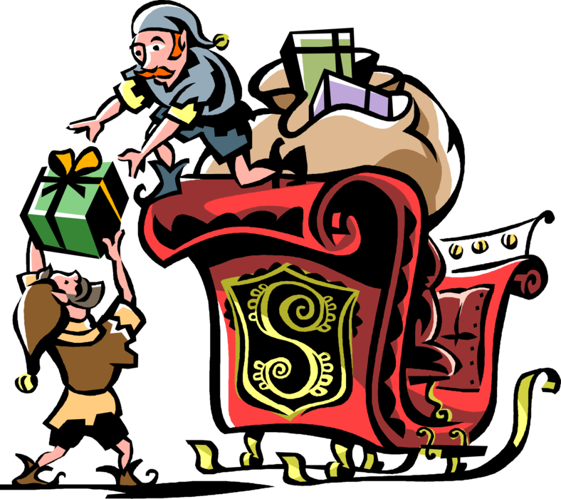 Vector Illustration of Santa Claus Workshop Elves Load Sleigh with Present Gifts for Christmas