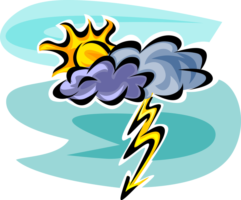 Vector Illustration of Extreme Weather Forecast Sunshine with Clouds and Lightning Bolt