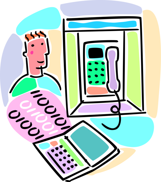 Vector Illustration of Handheld Electronic Digital Device Sends Binary Code Data via Telephone Telecommunications