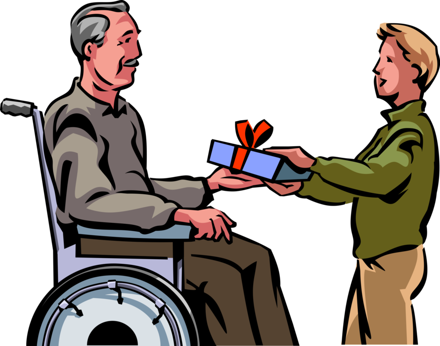 Vector Illustration of Retired Elderly Senior Citizen Grandfather in Wheelchair Receives Gift from Grandson Child