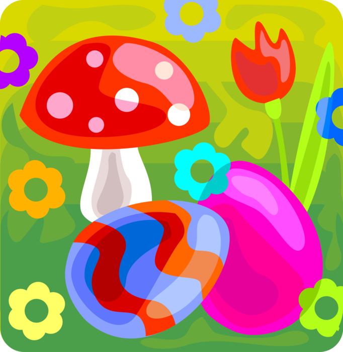 Vector Illustration of Decorated Colored Easter or Paschal Eggs and Toadstool Mushroom, Tulip Flower