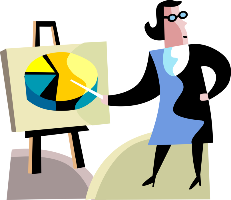 Vector Illustration of Businesswoman Charts Success with Pie Chart Sales Chart Diagram or Graph Representation of Data
