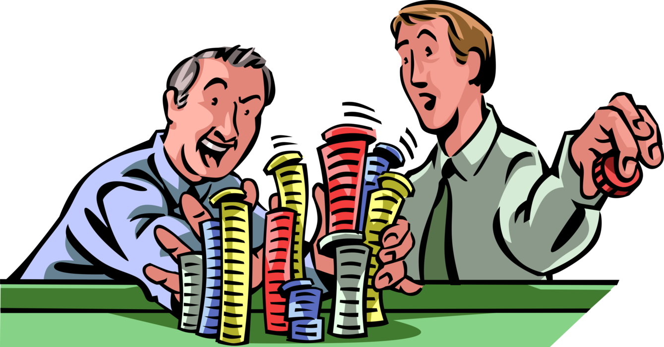 Vector Illustration of Businessman Poker Player Goes All-In with Casino Gambling Bet with Poker Chips in Card Game