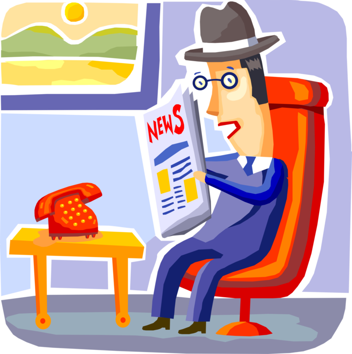 Vector Illustration of Businessman Reads Newspaper Serial Publication Containing News, Articles, and Advertising