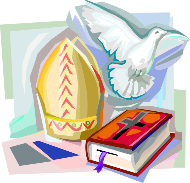 Vector Illustration of Bible Holy Book, Dove and Papal Mitre