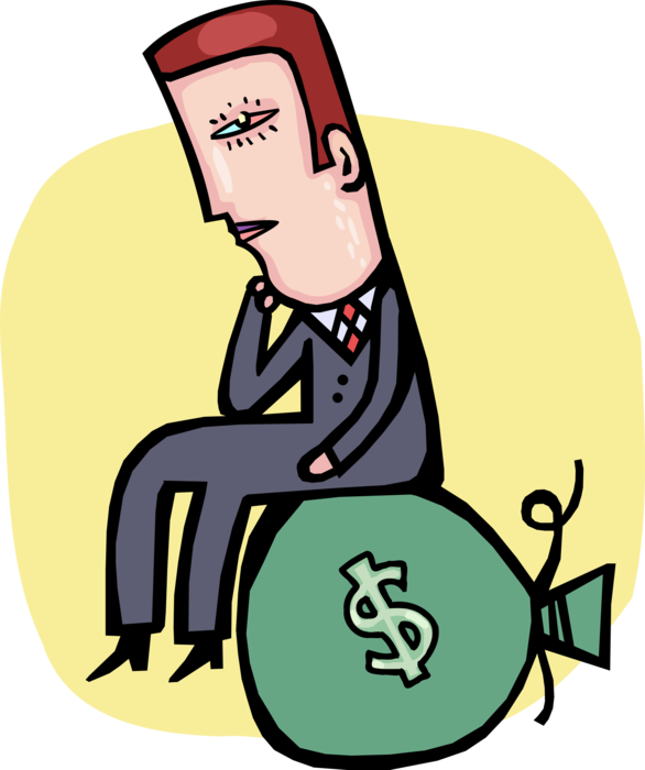 Vector Illustration of Businessman Seeks Investment Opportunities with Financial Windfall Bonanza Money Bag 