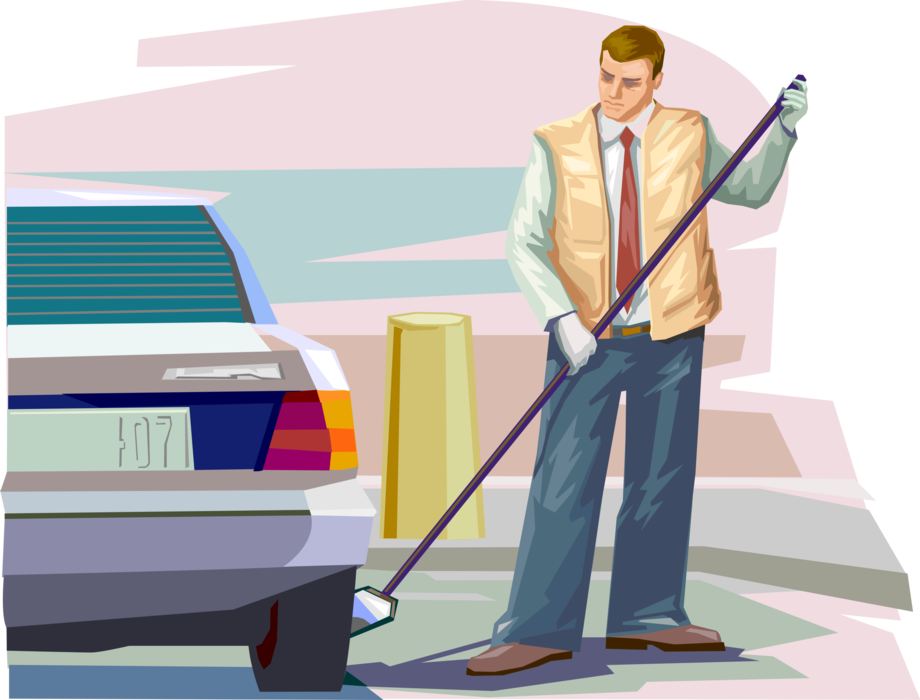 Vector Illustration of United States Customs and Border Protection Officer Inspects Motor Vehicle Automobile for Contraband