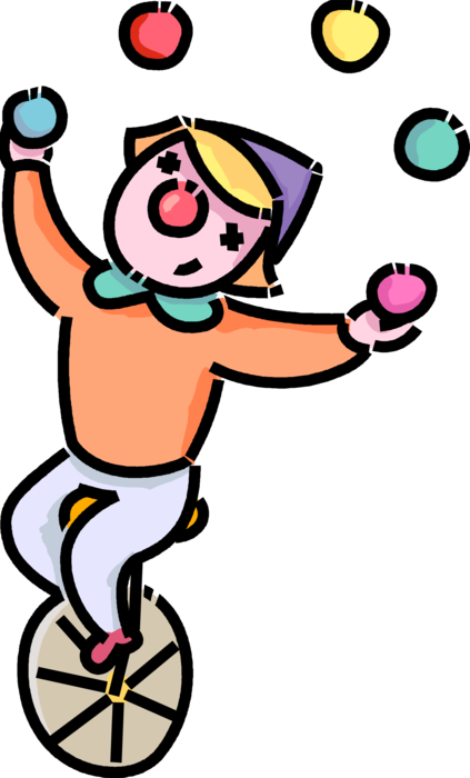 Vector Illustration of Primary or Elementary School Student Boy Clown Juggler Juggling Balls on Unicycle