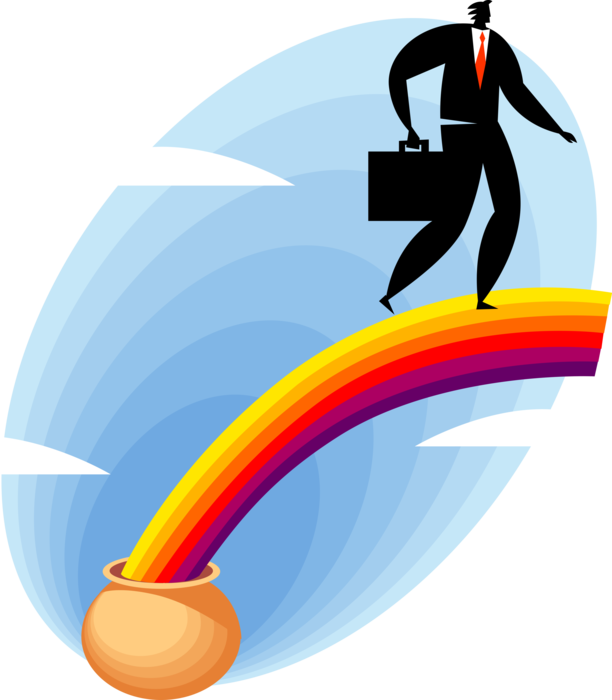 Vector Illustration of Successful Businessman with Pot of Gold at End of the Rainbow