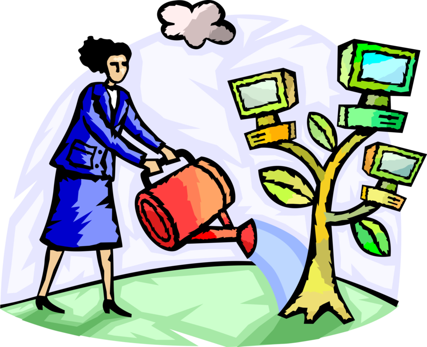 Vector Illustration of Businesswoman Waters Technology Computer Tree with Watering Can