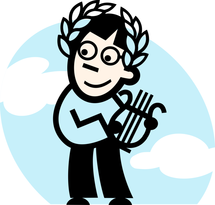 Vector Illustration of Musician with Laurel Wreath Plays Ancient Lyre Harp Stringed Musical Instruments
