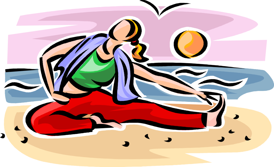 Vector Illustration of Physical Fitness Exercise Workout Stretching on Beach