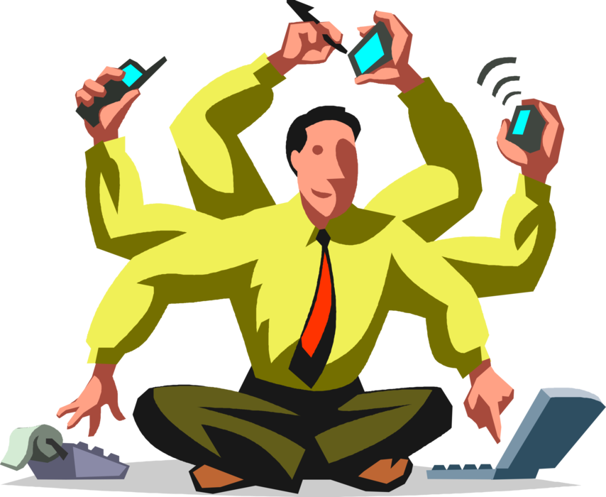 Vector Illustration of Multitasking Businessman Shows Off Dexterity in Performing Office Tasks