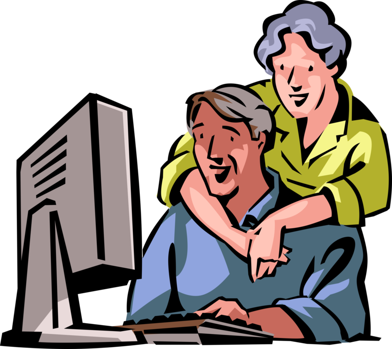 Vector Illustration of Retired Elderly Senior Citizen Couple Plan Vacation Travel Trip Destinations at Computer