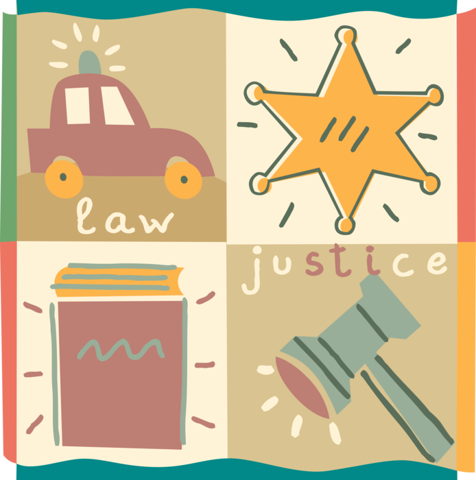 Vector Illustration of Law Enforcement Symbols of Justice with Police Car, Sheriff's Badge, Judge's Gavel, Legal Law Books