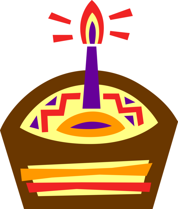 Vector Illustration of Sweet Dessert Birthday Cupcake with Lit Candle