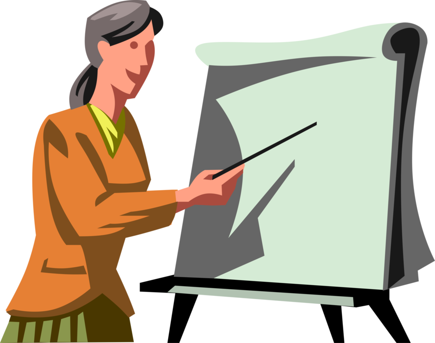 Vector Illustration of Businesswoman Gives Presentation in Office Boardroom with Flip Chart