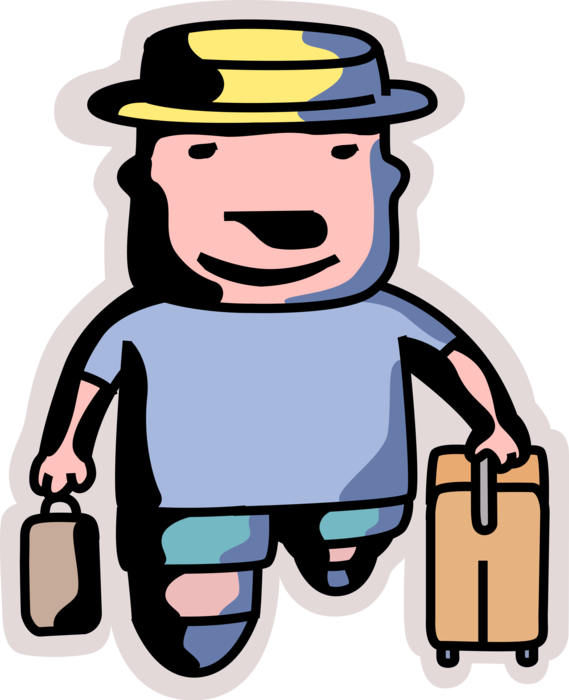 Vector Illustration of Holiday Vacation Traveler with Luggage Suitcase Baggage Walks in Airport Terminal